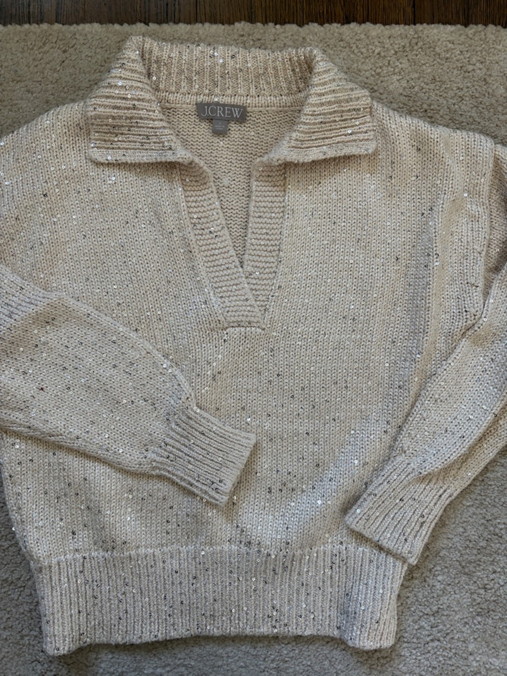 J. Crew Cream Sequin V-Neck Collared Sweater